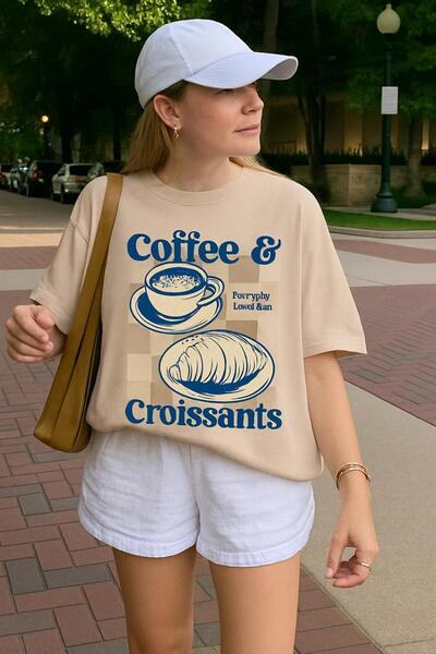 BENROMA Coffee Croissants Printed T-Shirt Oversized Unisex T-Shirt 1Pv6