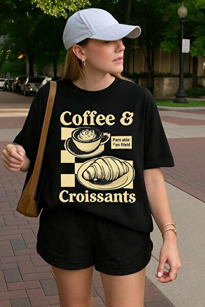 DM DOLCE MORE Μπλουζάκι με στάμπα κρουασάν καφέ, oversized unisex μπλουζάκι 1PV6