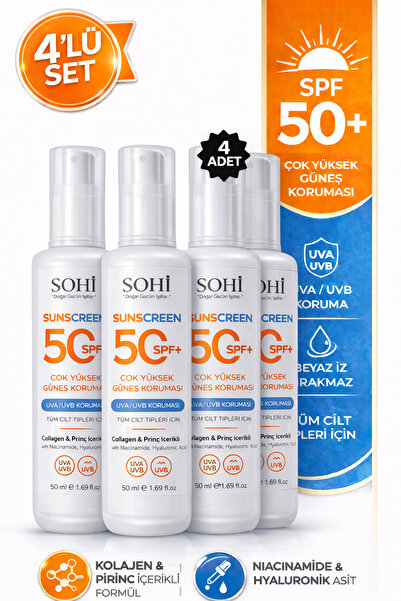 SOHİ SPF 50+ Güneş Kremi 4’lü Set | Kolajen & Pirinç Özlü | Beyaz İz Bırakmaz...