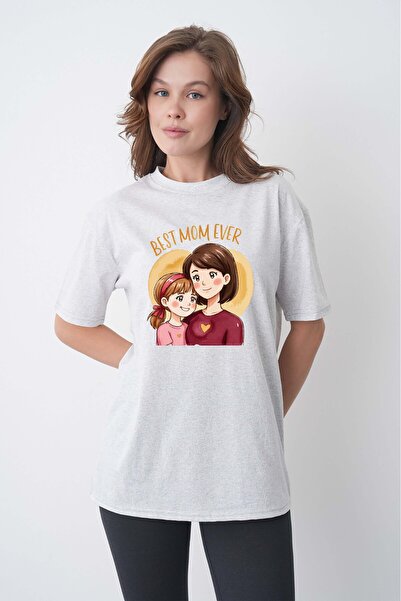 TREND EMMODA Cel mai bun cadou pentru mame Tricou din bumbac gri cu guler rot...
