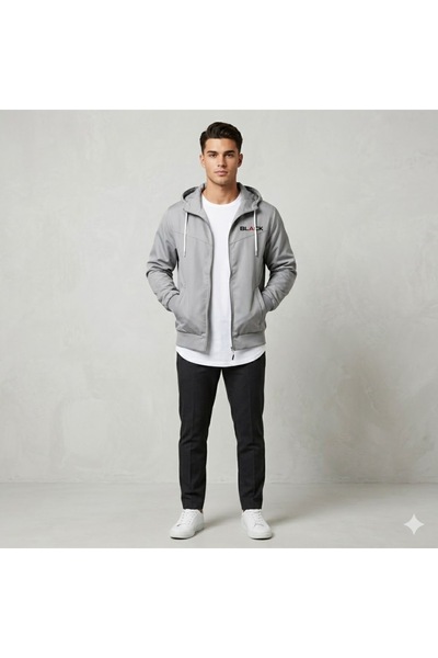 NOFLEN Ανδρικό μπουφάν με στάμπα λογότυπου, σε γκρι χρώμα και μαύρο, με φερμουάρ