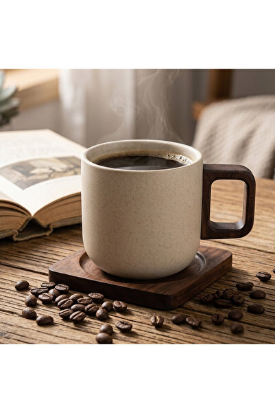 Destello ® Ceramic coffee cup with square handle, Matte beige with brown hand...