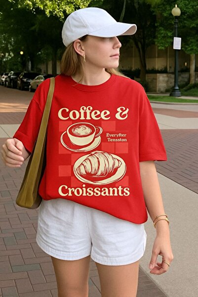 DM DOLCE MORE Μπλουζάκι με στάμπα κρουασάν καφέ, oversized unisex μπλουζάκι 1PV6