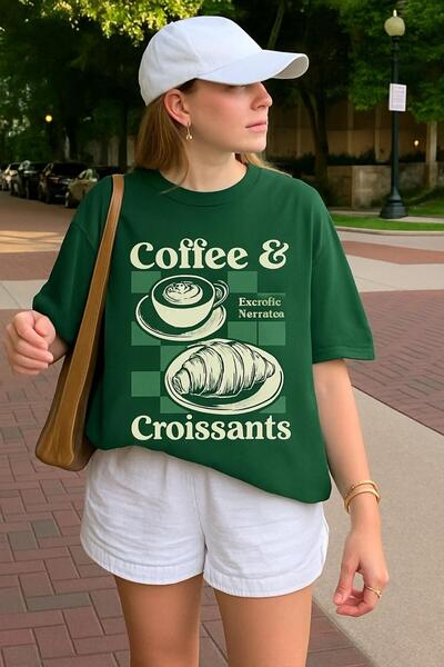 BENROMA Μπλουζάκι με στάμπα κρουασάν καφέ, oversized unisex μπλουζάκι 1PV6