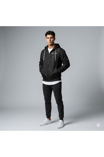 NOFLEN Ανδρικό μπουφάν με στάμπα λογότυπου, σε γκρι χρώμα και μαύρο, με φερμουάρ