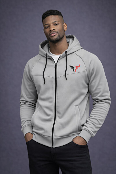 NOFLEN Ανδρικό μπουφάν με στάμπα λογότυπου, σε γκρι χρώμα και μαύρο, με φερμουάρ