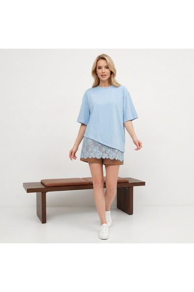 fuşyha butik Women's Crew Neck Lace Printed Basic T-Shirt