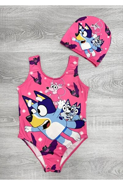 ARBİ kids Κοριτσίστικο ροζ μαγιό Bluey με μπονέ για καλοκαιρινές διακοπές