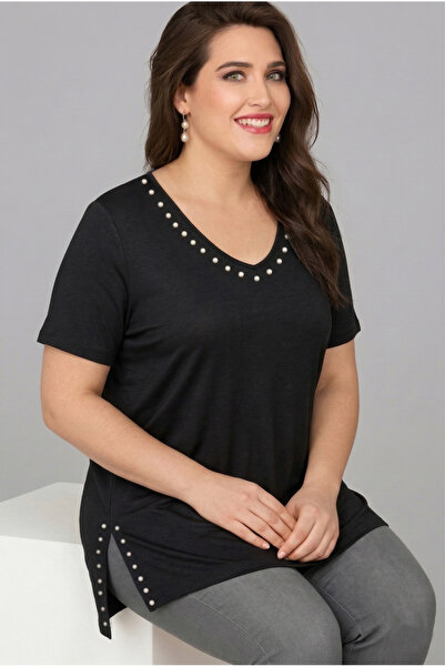 Curvy Trend Μπλούζα μεγάλου μεγέθους με λαιμόκοψη και σκίσιμο στο πλάι, με κο...