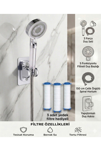 Plodna House Filtreli Beyaz Çelik 5 Fonksiyonlu Duş Başlığı Seti 3 Adet Yedek...