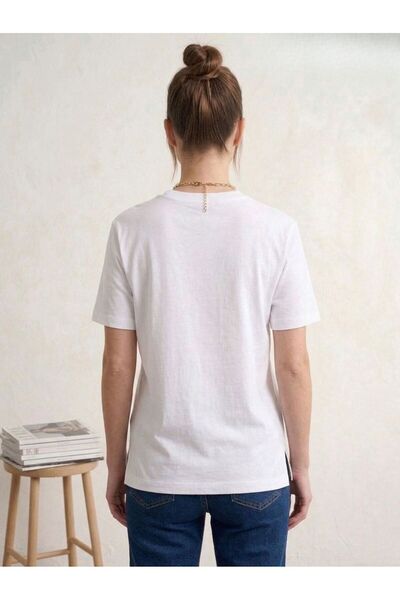 LEY COLLECTİON Women's T-Shirt 100% Cotton Basic T-Shirt with Slit Detail