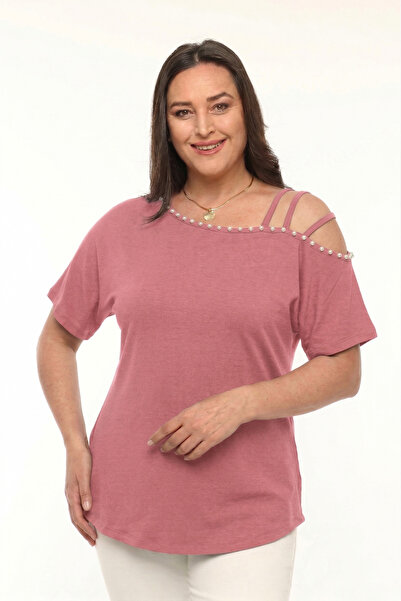 Curvy Trend Μπλούζα μεγάλου μεγέθους με κεντημένες πέρλες, ασύμμετρη, με 3 τι...