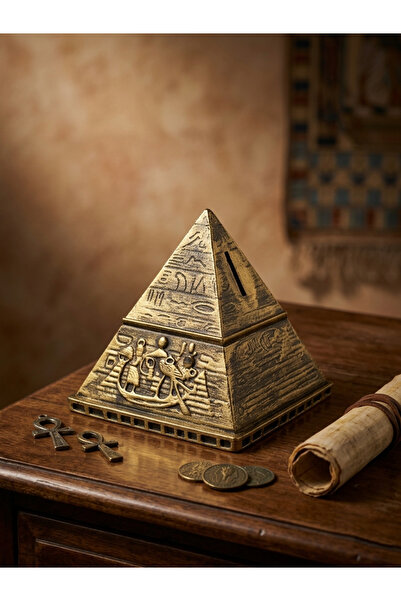 hoga Antik Mısır Piramit Kumbara - Gold Kabartmalı Dekoratif Obje - 12 cm