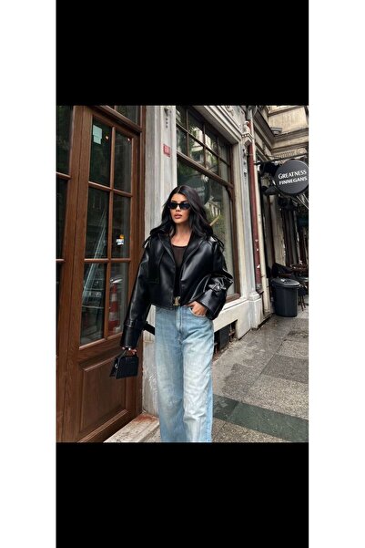 Markasız ucuz Kadın Siyah Suni Deri Ceket Oversize Crop Biker Mont Şık Günlük...