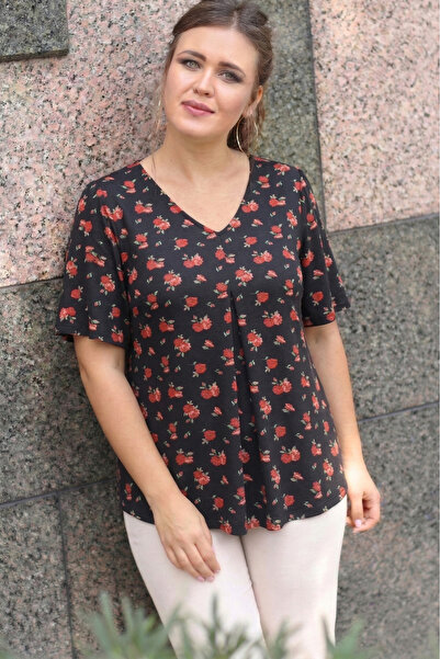 Curvy Trend Μπλούζα μεγάλου μεγέθους με ροζ σχέδιο, λαιμόκοψη V, πιέτες μπροσ...