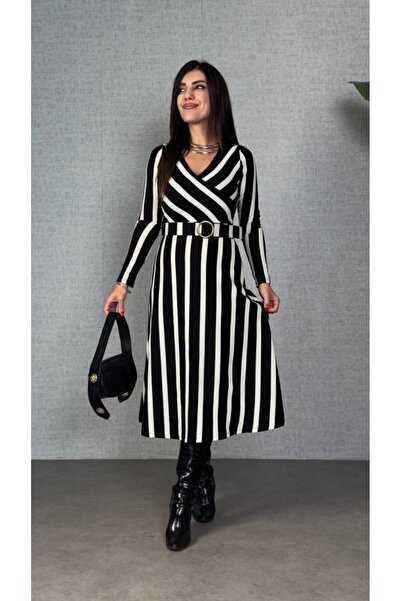 trend_ermege Γυναικείο μακρυμάνικο φόρεμα με διπλό λαιμόκοψη με ζώνη με ριγέ ...