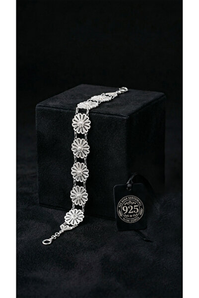 Roza Silver 925 Ayar Geleneksel Telkari El İşi Çiçek Motifli Kelepçe Gümüş Bi...