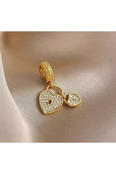 Lux Design 925 Ayar Gümüş Kalp Anahtar Kilit Gold Altın Charm
