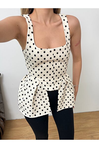 Zey Studio Γυναικεία Μπλούζα Εκρού με Πουά και Τετράγωνο Γιακά