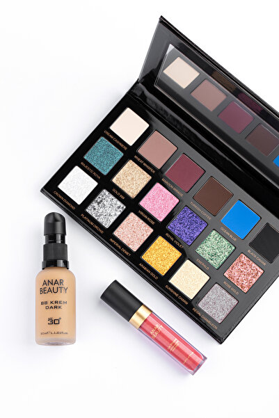 Anar Beauty 18 Renkli Far Paleti+BB Krem (Dark)+Lip Oil Gloss (Japanese Mango...