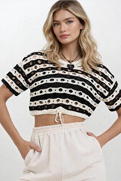 DOQU MILANO Ecru Black Striped Perforated Openwork Summer Knitwear Cardigan