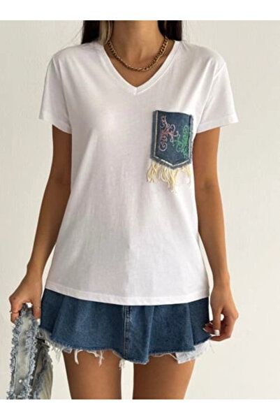 MetuCA Γυναικείο λευκό βαμβακερό μπλουζάκι με λαιμόκοψη V, τζιν με λεπτομέρει...