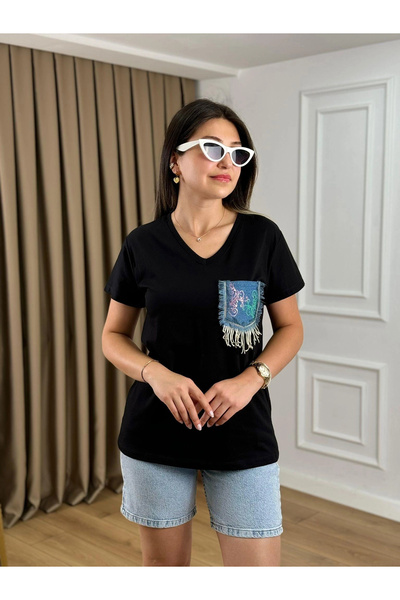 MetuCA Γυναικείο μαύρο βαμβακερό μπλουζάκι με λαιμόκοψη V, τζιν με λεπτομέρει...