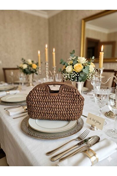 SİSTER BAG DESIGN BURSLU KAHVERENGİ HASIR CLUTCH EL ÇANTA (25cm)