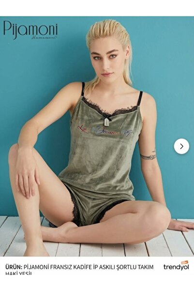 Pijamoni Luxury French Velvet Suspender Shorts Home Wear Set Khaki