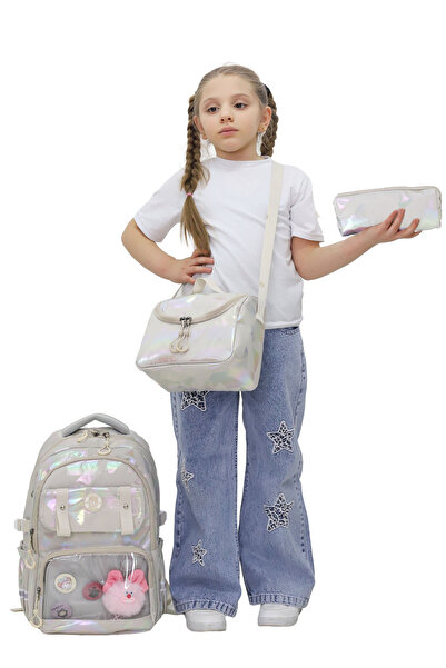 Probag Kız Çocuk Okul Çantası 3lü Set Hologram Parlak Şeffaf Cepli Beslenme Kalemlik İlkokul