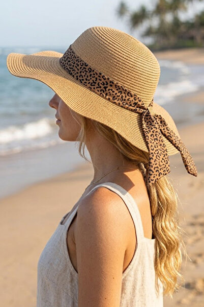 Ritagarcia Γυναικείο ψάθινο καπέλο παραλίας με φαρδύ γείσο και λεπτομέρεια φι...