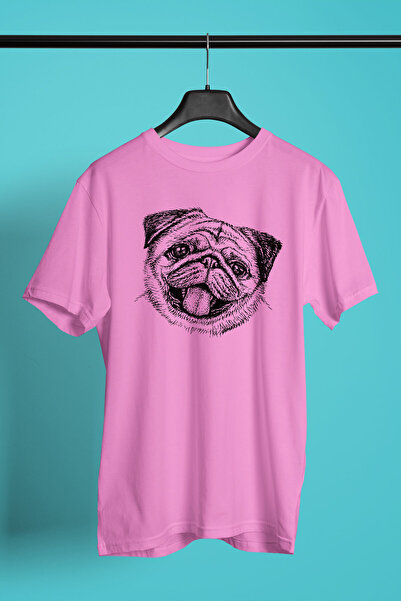 Gülen Pug - Baskılı Unisex Pembe Tişört - T-Shirt UT002