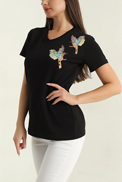 MetuCA Γυναικείο μπλουζάκι από 100% βαμβάκι, μαύρο, με λαιμόκοψη V, κεντημένο...