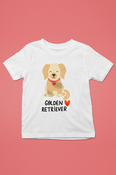 Sevimli Golden Retriever -Baskılı Unisex Beyaz Çocuk Tişört - T-Shirt CT007