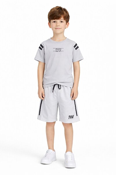 Cansın Mini Комплект тениска със сиви райета и къси панталони за момчета 23769