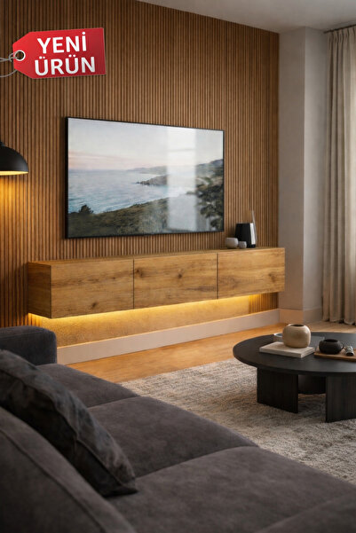 by hs se desing Milan Ledli Işıklı Tv Ünitesi 180 cm Atlantik Çam Modern Rafl...