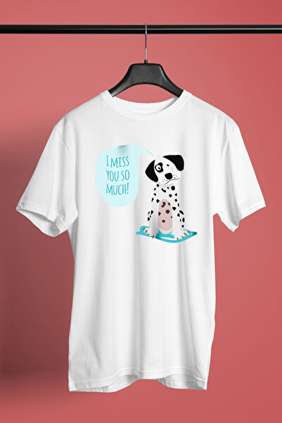 Seni Çok Özledim Dalmaçyalı -Baskılı Unisex Beyaz Tişört - T-Shirt UT007