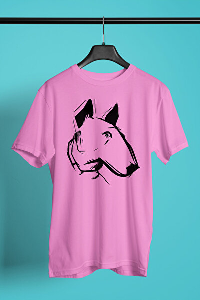 Çizim Bull Teriyer -Baskılı Unisex Pembe Tişört - T-Shirt UT002