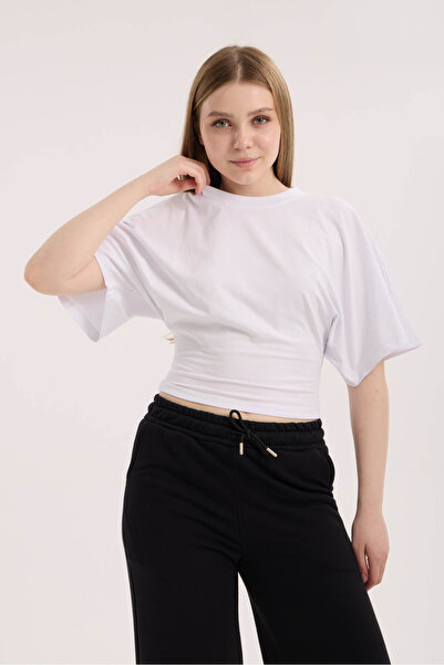 3 ROPE Γυναικεία κοντομάνικη λευκή μπλούζα με φαρδιά μανίκια και λαιμόκοψη πο...