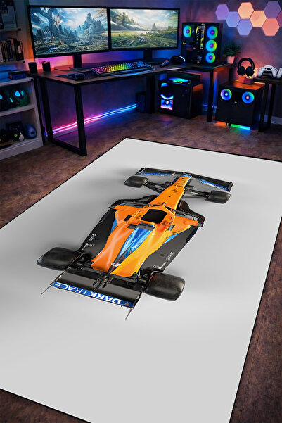 gxe.art Formula 1 Turuncu Yarış Arabası Halı Kaymaz Taban Yıkanabilir Genç Od...