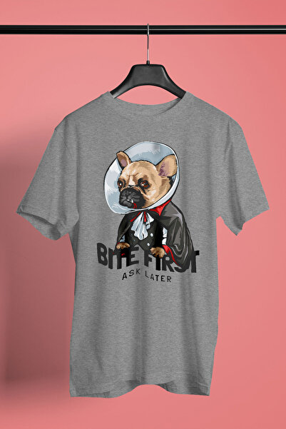 Vampir Bulldog -Baskılı Unisex Gri Tişört - T-Shirt UT006