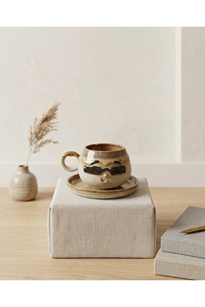 Agartceramic Emoji figür gözlüklü el yapımı stoneware seramik kahve fincan