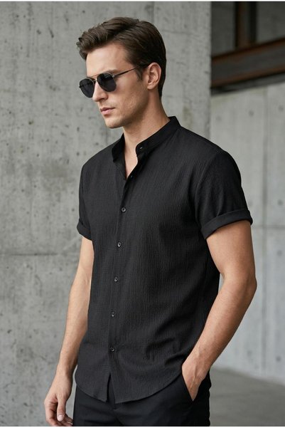 since 1990 man Manlaend Slim Fit Flexible Lycra Short Sleeve Court Collar Men's Shirt