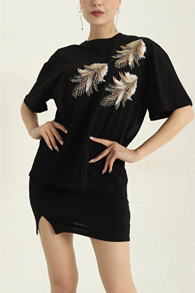 MetuCA Γυναικείο μαύρο βαμβακερό μπλουζάκι με λαιμόκοψη ποδηλάτου, κεντημένο ...