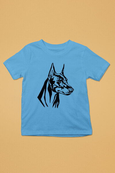 Doberman Silüeti - Baskılı Unisex Turkuaz Çocuk Tişört - T-Shirt CT003