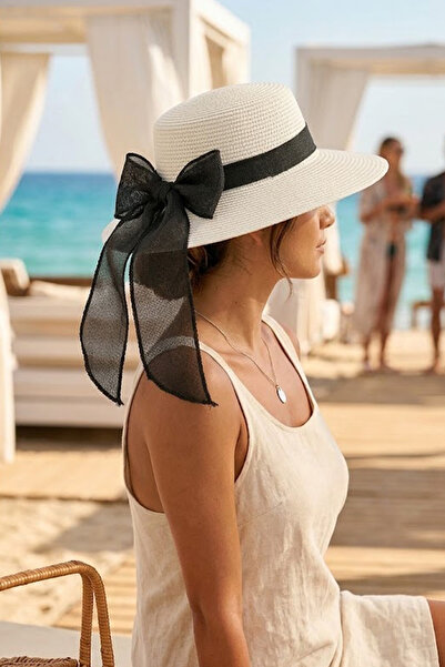 Ritagarcia Γυναικείο ψάθινο καπέλο παραλίας με φαρδύ γείσο και λεπτομέρεια φι...