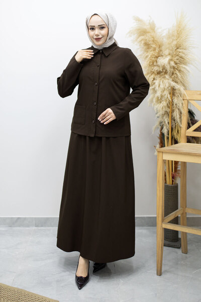 Tesettür Dünyası Σετ Πουκάμισο με Τσέπες και Φούστα TSD260158 Καφέ