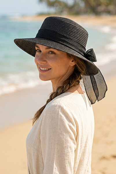 Ritagarcia Γυναικείο ψάθινο καπέλο παραλίας με φαρδύ γείσο και λεπτομέρεια φι...