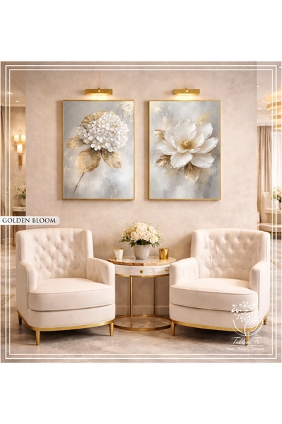 Tablomtr Golden Bloom - Dijital Baskılı Gold Metal Çerçeveli Gerçek Camlı 2'l...