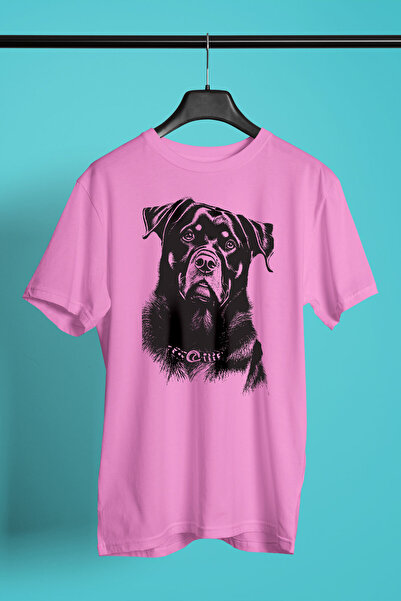 Siyah Beyaz Rottweiler -Baskılı Unisex Pembe Tişört - T-Shirt UT002